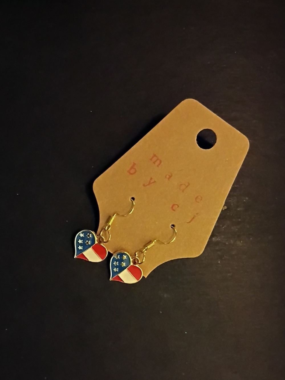Hand Crafted Red White and Blue Heart Flag Dangle Earrings